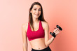 © luismolinero - Young sport woman making weightlifting over isolated pink background with happy expression