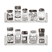 Spices In Jars On Wooden Shelves, Thyme, Ginger, Bay Leaf, Coriander, Cardamom, Pepper, Oregano, Paprika And Cinnamon. Vector Hand Drawn Illustration For Kitchen Decor.