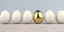 Natural Eggs With Golden Egg On The Wooden Background. 3d Illustration.