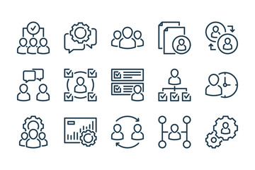 Poster - Human resources related line icon set. Recruitment, office management and company structure line vector icons.