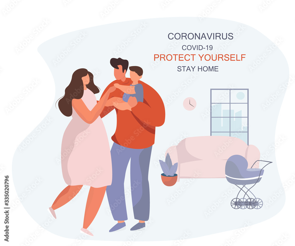 Stay Home with Family.Protect Yourself.Family keeping Distance for