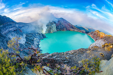 Beautiful panoramic view of Kawah Ijen lake and volcano eraly morning at East Java island, Indonesia.