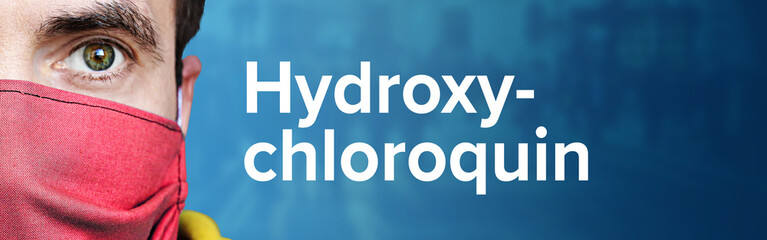 Hydroxychloroquin. Mann mit Mundschutz vor blauen Hintergrund mit Menschen. Corona, Krankheit, Medizin, Gesundheit, Virus