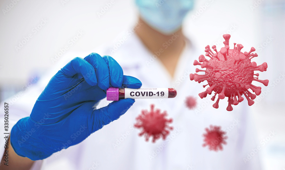 laboratory technician hold on blood sample tube for corona virus test and Virus in background , COVID 19 test - obrazy, fototapety, plakaty 