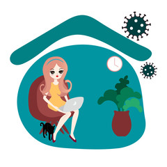 Wall Mural - a woman working from home with COVID-19 virus outside the house.