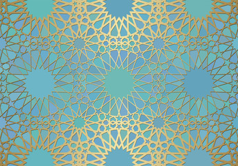 Wall Mural - Abstract background with islamic ornament, arabic geometric texture. Golden lined tiled motif.