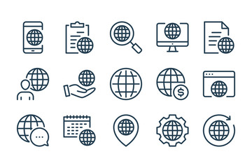 Poster - World network and global internet access line icons. Planet earth and World Wide Web vector linear icon set.