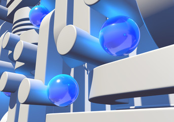 Poster - White industrial or technology abstraction with shiny blue balls and connection pipes. 3D illustration