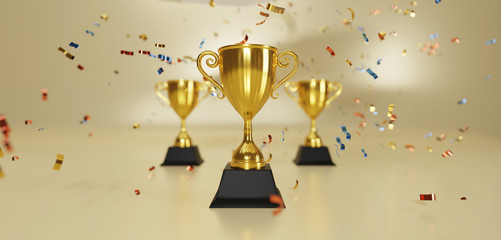 Wall Mural - Golden trophy cup with falling confetti  on gold background. copy space for text. 3d rendering.