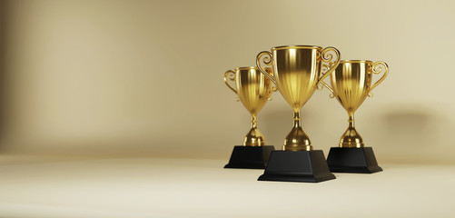 Wall Mural - golden trophy cup on gold background. copy space for text. 3d rendering.