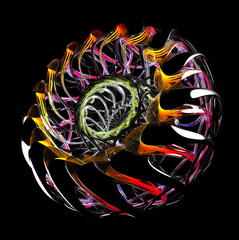 Wall Mural - 3d render of abstract turbine jet engine or danger poisoned flower with sharp blades in black glossy plastic and glass material with neon orange green and purple glowing  tubes inside on black back