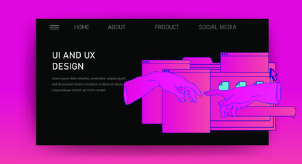 Aufkleber - Web site template for UI and UX design, technical support or customer servises page. Hands with user interface elements.
