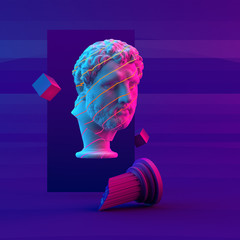 Wall Mural - 3d-illustration of bust sculpture and primitive objects on violet background