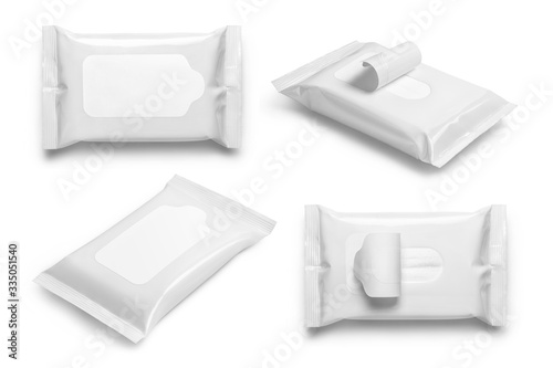 Cuadros en Lienzo Collection of white wet wipes flow packs, isolated on white background