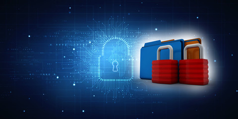 Poster - Yellow folder and lock. Data security concept. 3D rendering