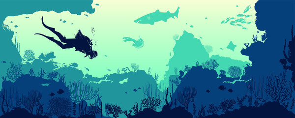 Silhouette of scuba diver with a shark and coral reef with fishes on a blue sea. Vector nature illustration. Marine underwater life.