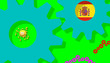 © Tenebroso - World coronavirus pandemic. Teamwork. 3d Illustration with the flag inside gears of Spain and representation of the covid-19, drawing of the virus. EU.