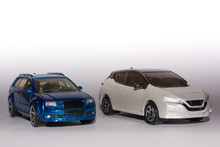 Model Toy Cars White And Blue Racing White Background From Left