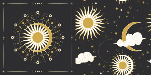 Wall Mural - vector illustration set of moon phases. different stages of moonlight activity in vintage engraving 