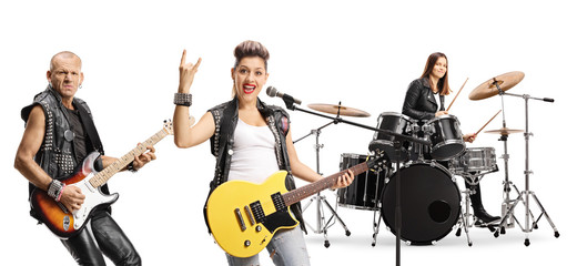 Sticker - Two female and one male musician in rock band performing