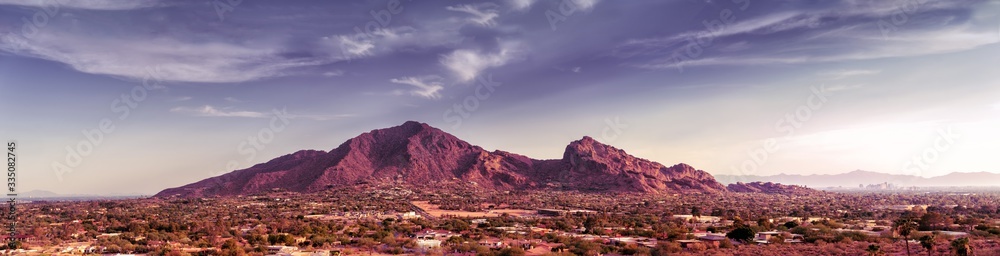 Scottsdale, Phoenix Arizona,Large scale extra wide high detail view of the Valley of the Sun with Camelback Mountain as focal point on a warm beautiful sunny Spring afternoon. - obrazy, fototapety, plakaty 