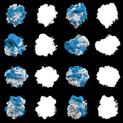 Poster - Isolated abstract blue and white smoke with turbulent motion, Multi-color powder, fog, smoke explosion. alpha channel with black/white matte for post-production, digital composition. 3D render