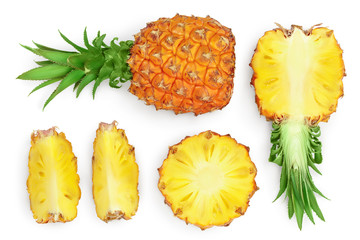 pineapple isolated on white background with clipping path and full depth of field. Top view. Flat lay