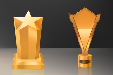 Wall Mural - cup, golden trophy on pedestal with nameplate. isolated gold shiny metal goblet and star. award priz