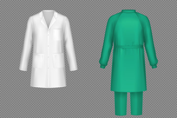 Medical uniform for surgeon with white coat and green suit. Vector realistic mockup of doctor costume with shirt and trousers, lab or nurse suit isolated on transparent background