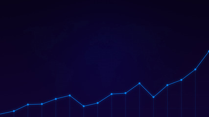 Poster - Light blue line graph on a blue blackground with world map in 4k resolution. Abstract stock market analysis or finance background.