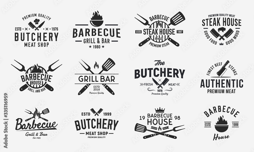 Vintage logo set for Meat Restaurants. Hipster barbecue emblems. Restaurant labels, emblems, logo. Logo template for bbq. steakhouse, butcher, grill bar. Vector illustration - obrazy, fototapety, plakaty 