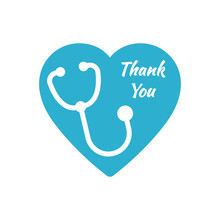 Blue Heart With Text Thank You And Stethoscope, Greeting Doctor With Medical Holiday. Vector Illustration