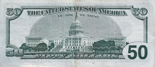 US Capitol On 50 Dollars Banknote Back Side Closeup Macro Fragment. United States Fifty Dollars Money Bill