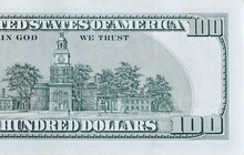 Independence Hall On 100 Dollars Banknote Back Side Closeup Macro Fragment. United States Hundred Dollars Money Bill