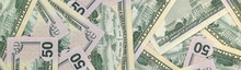 Many US Fifty Dollar Bills On Flat Background Surface Close Up. Flat Lay Top View. Abstract Business Concept