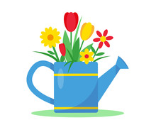 Watering Can With Flowers Vector Illustration.