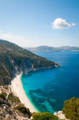Wall Mural - bright sunny view from above of the mediterranean shores of myrtos beach, on the greek island of kef