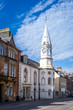Campbeltown main street and city hall tower. Kintyre peninsula, Scotland.