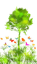 Silhouette Of Grass On White Background. Picturesque Landscape With A Tree And Butterflies. Multi-colored Butterflies. Mixed Media. Vector Illustration