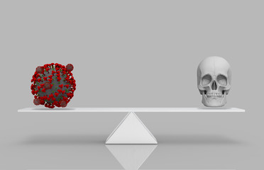 Wall Mural - 3d rendering. a red covid-19 or corona virus with human head skull equal on white triangle balance s