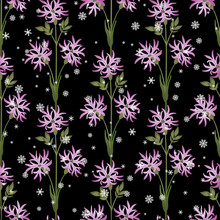 Seamless Floral Pattern With Branches Of Ragged Robin Flower And Snowflakes.