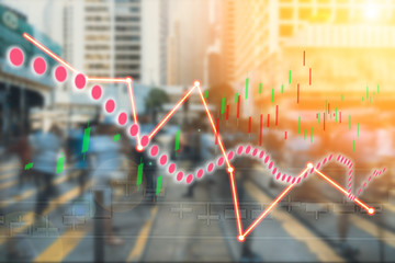 Double exposure of stocks market chart; concept for hong kong stock market or business or labor