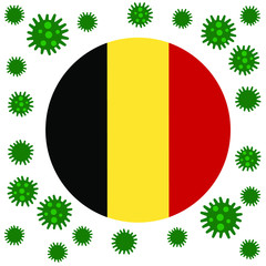 Flag of Belgium with outbreak deadly coronavirus covid-19. Banner with the spread of Coronavirus 2019-nCoV virus strain. A large coronavirus bacteriums against background of the national flag Belgium.