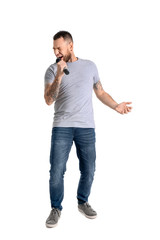 Sticker - Male singer with microphone on white background