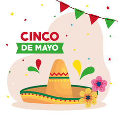 Canvas Print - cinco de mayo poster with hat wicker and decoration vector illustration design