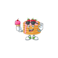 Sticker - Cute strawberry cream pancake cartoon character enjoying an ice cream