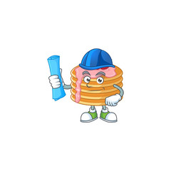 Sticker - Talented Architect strawberry cream pancake cartoon design style having blue prints