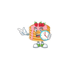 Poster - Strawberry cream pancake mascot design concept holding a circle clock