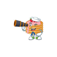 Poster - Strawberry cream pancake in Sailor cartoon character style using a binocular