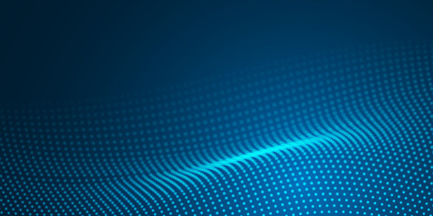 Wall Mural - abstract blue light wave dot surface pattern on dark background.